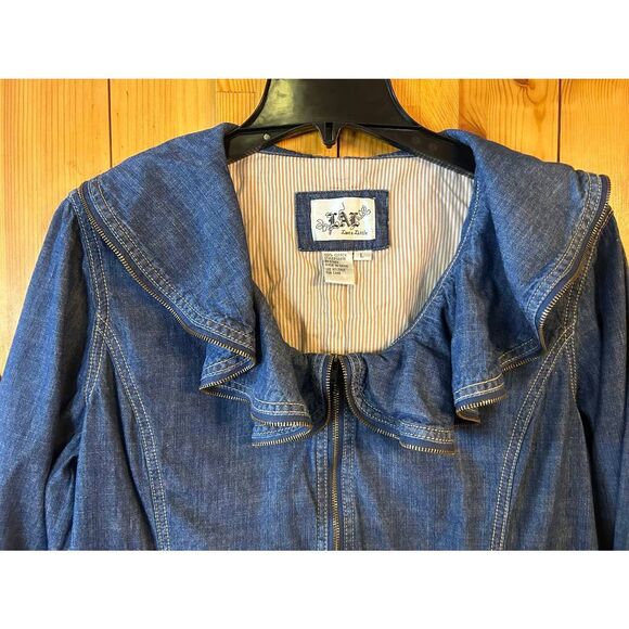 Vtg LIVE A LITTLE Full Zip Denim Jacket Ruffled Wide Collar Size Large (5174) - Picture 2 of 6